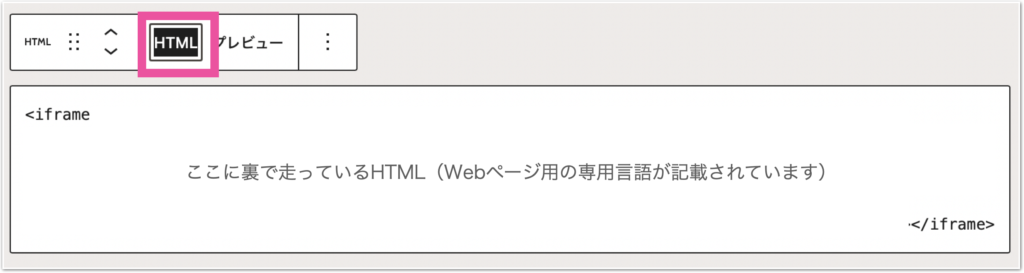 編集画面でカスタムHTMLをクリックし、HTMLを選択した画面