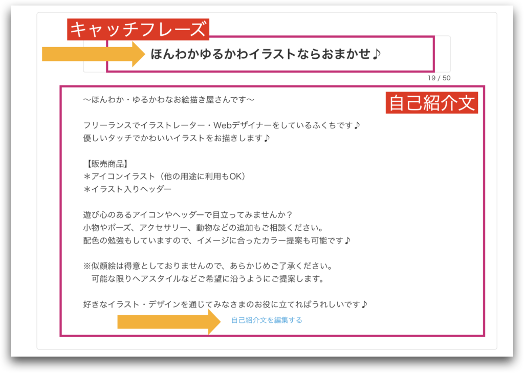 ココナラキャッチフレーズ・自己紹介文画面