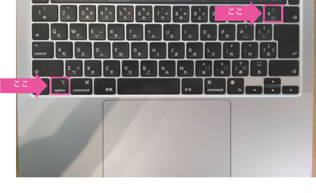 Macのキーボードでバックスラッシュを打つために押すボタンをピンクの枠で囲った画像